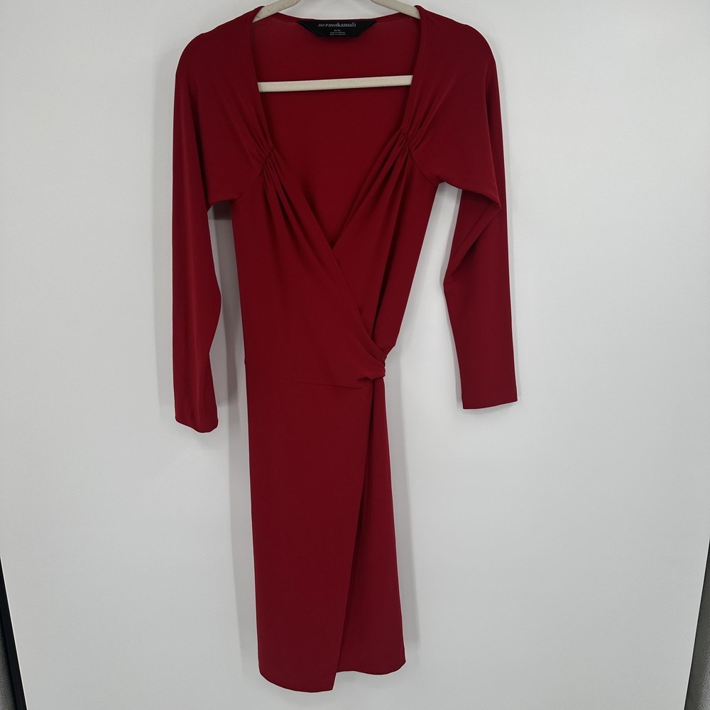 Norma Kamali Dress Womens Medium Red Wrap Long Sleeve Tie Waist Ruched KN36G105